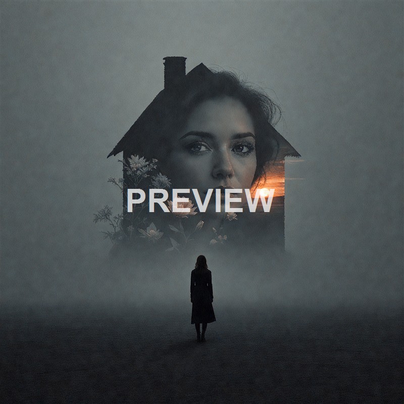 A silhouette of a woman standing in a foggy field with a surreal, dreamlike overlay of a woman's face, flowers, and a sunset within the face outline.